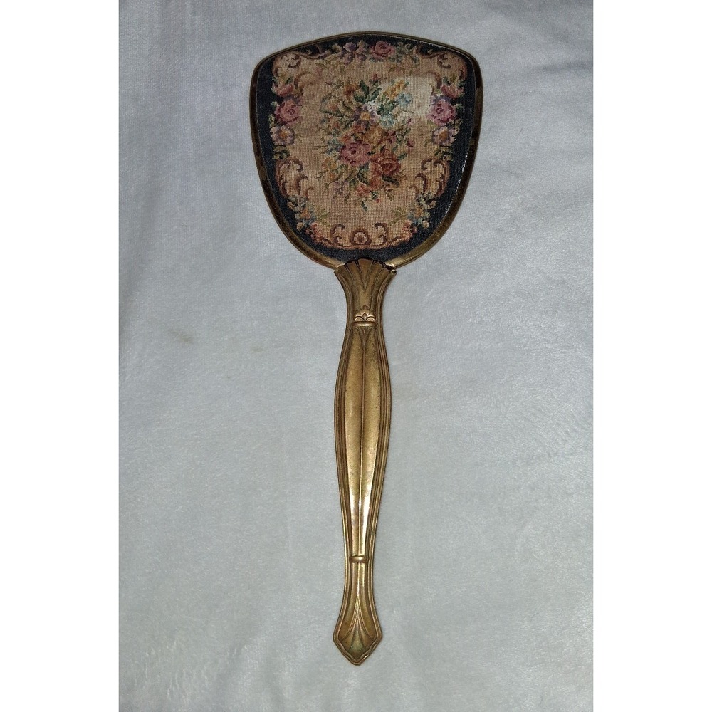 Vintage Floral Petit Point Hand Mirror Brass Tone Vanity Mirror 13.25"
